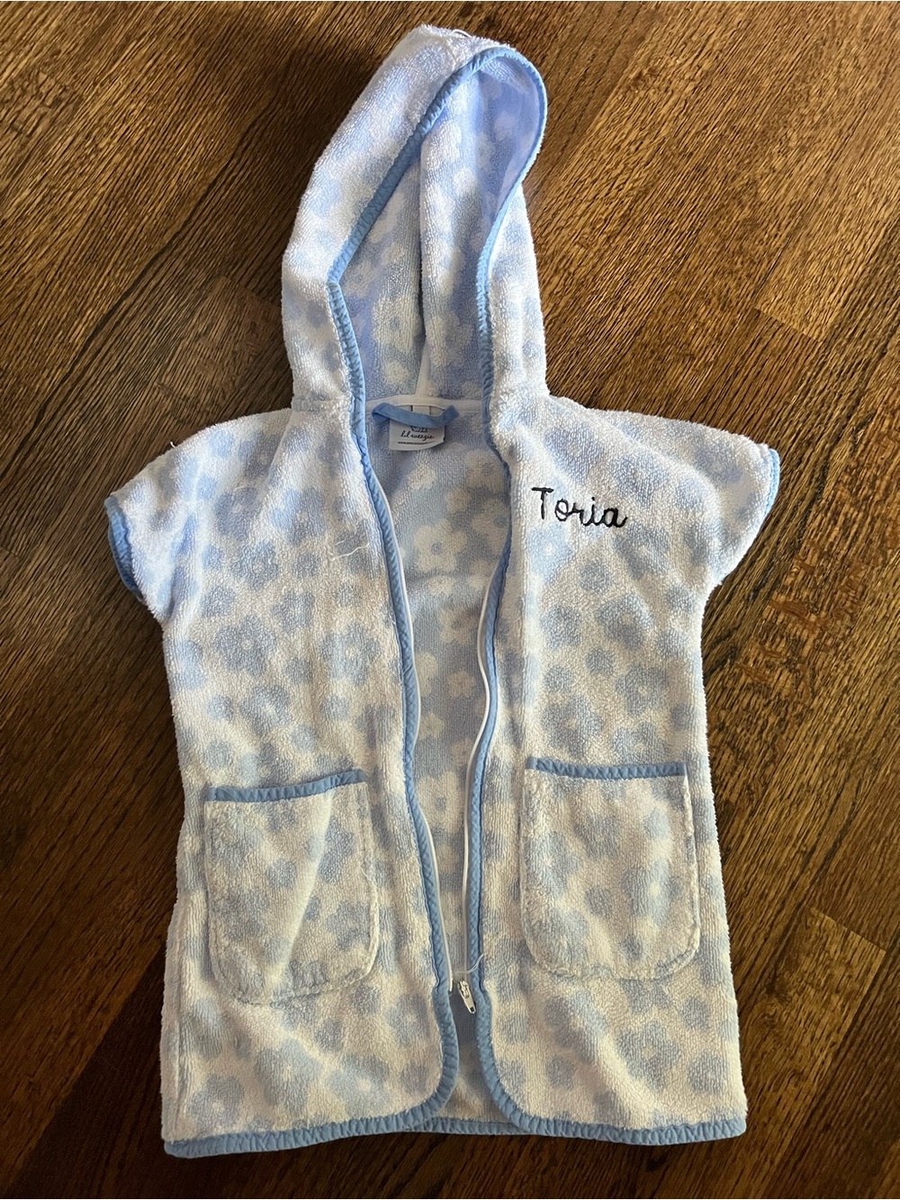 Light Blue Hooded Terry Robe with Floral Pattern personalized “Toria”